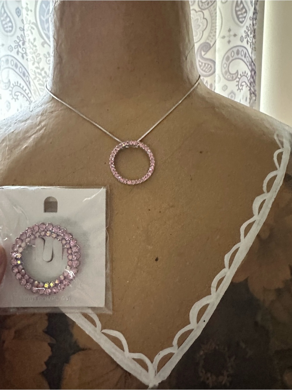 Pink Crystal Circle Pendant Necklace - Women Jewelry with matching brooch